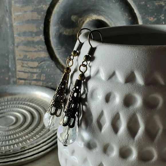 Faceted Clear Luster Crystal Antique Bronze Filigree Teardrop Earrings - Picture 5 of 9